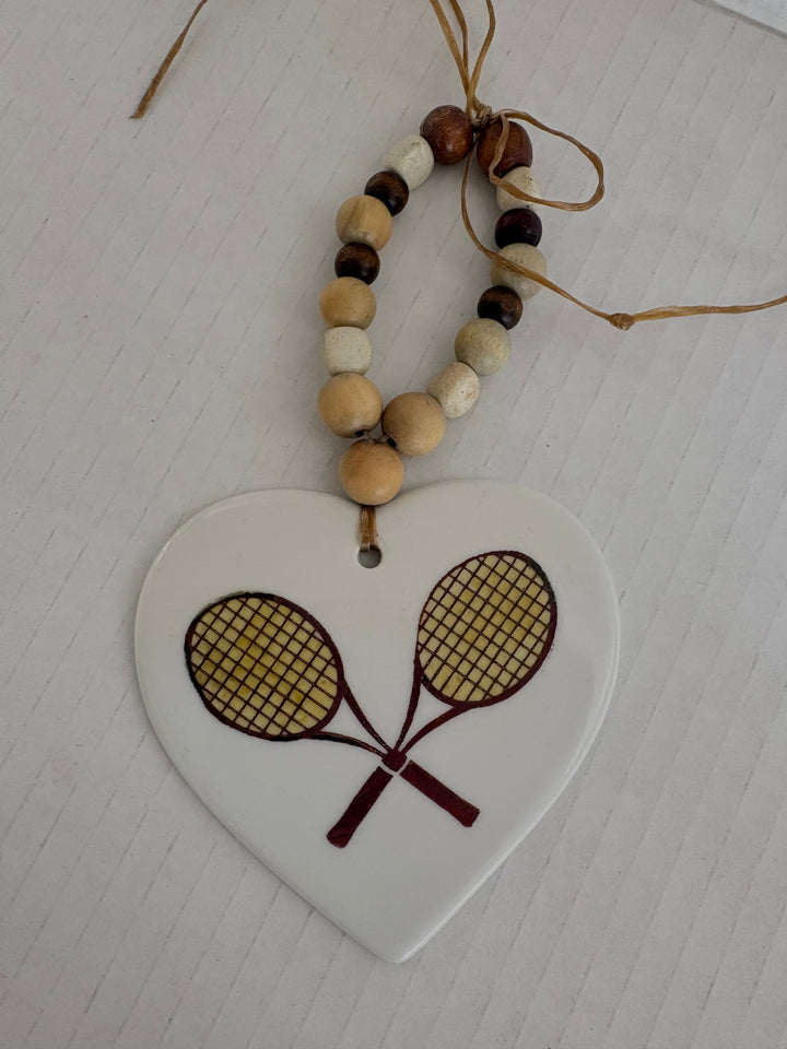 Yellow Tennis Rackets Porcelain Heart Beverage Tag by MadebyMonaH