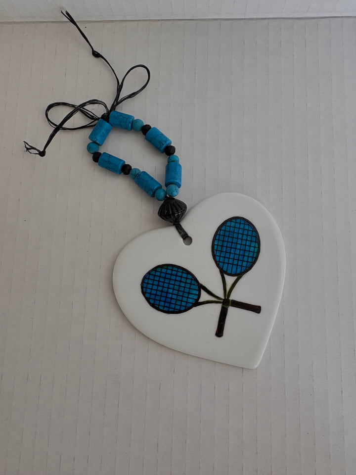 Blue Tennis Rackets Porcelain Heart Beverage Tag by MadebyMonaH