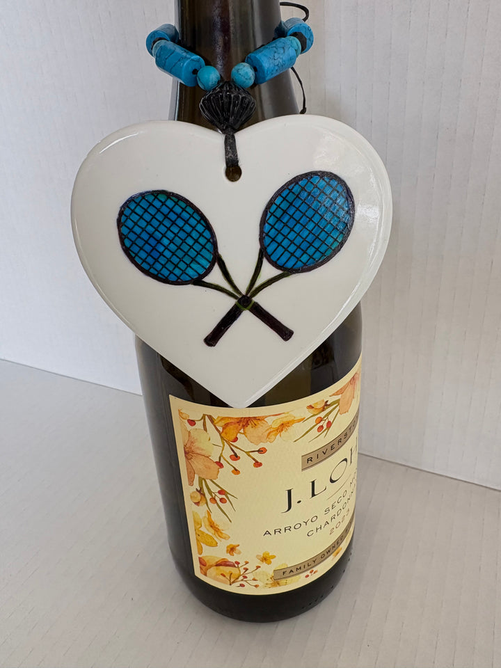 Blue Tennis Rackets Porcelain Heart Beverage Tag by MadebyMonaH