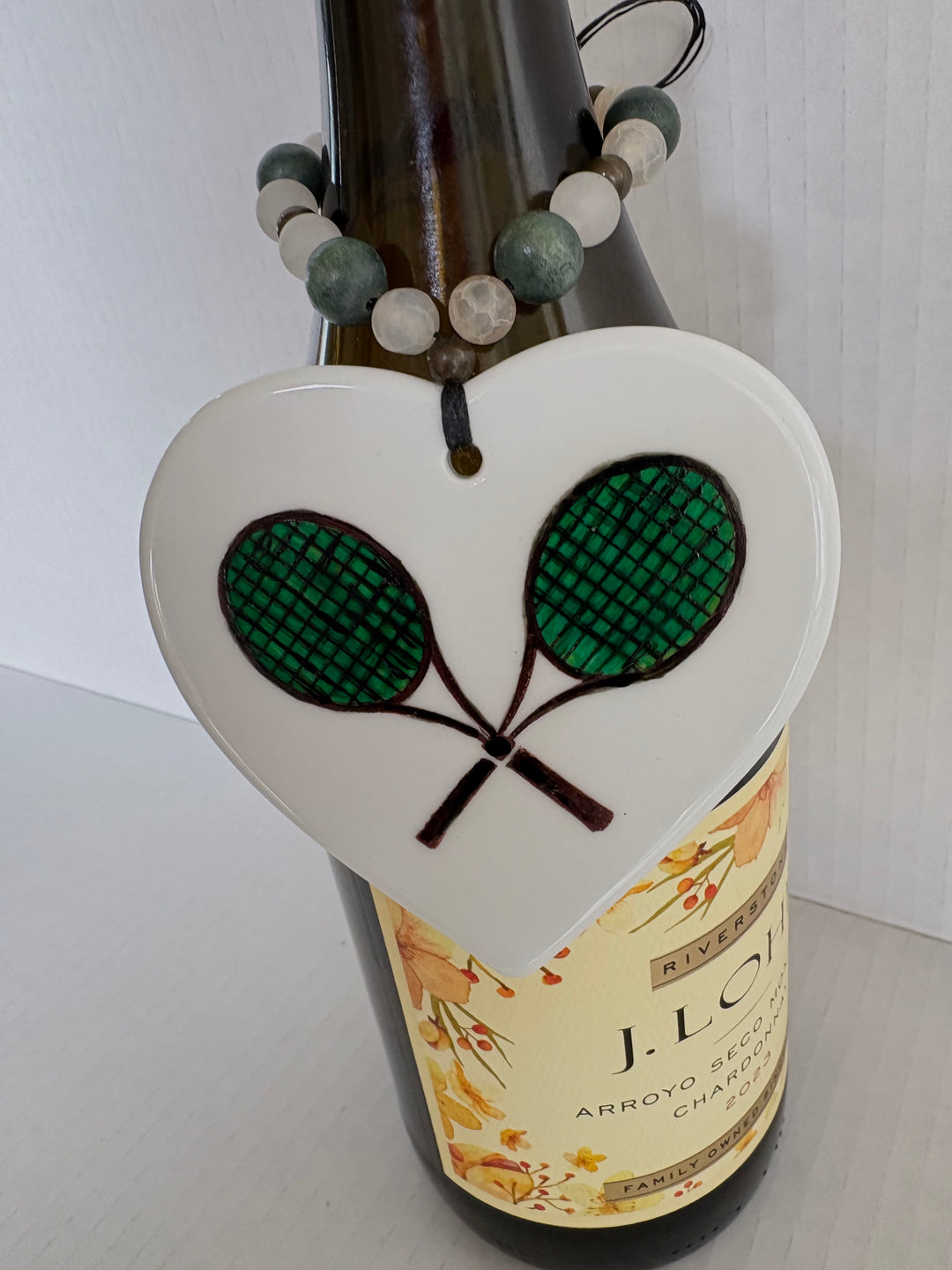 Green Tennis Rackets Porcelain Heart Beverage Tag by MadebyMonaH