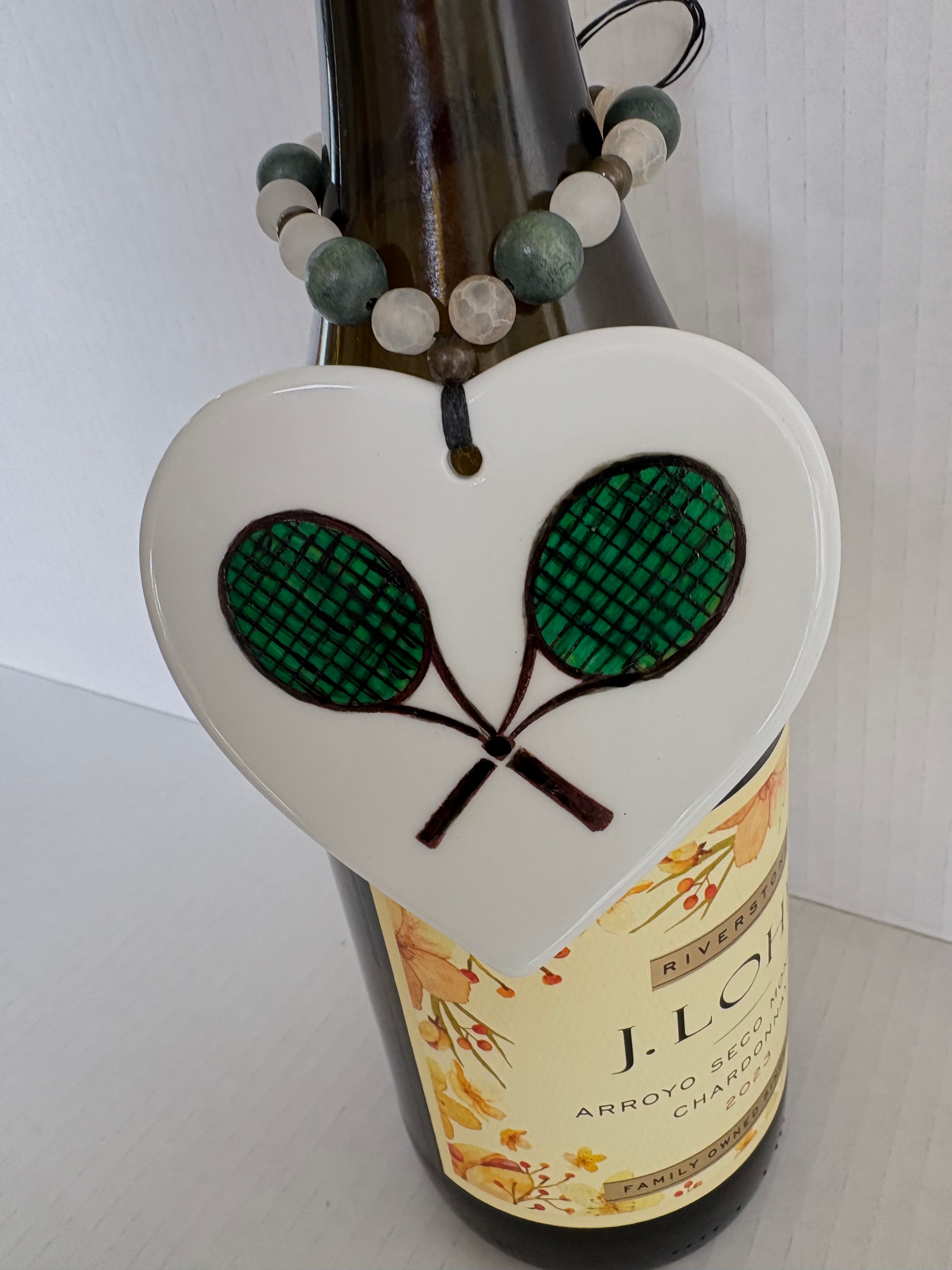Green Tennis Rackets Porcelain Heart Beverage Tag by MadebyMonaH