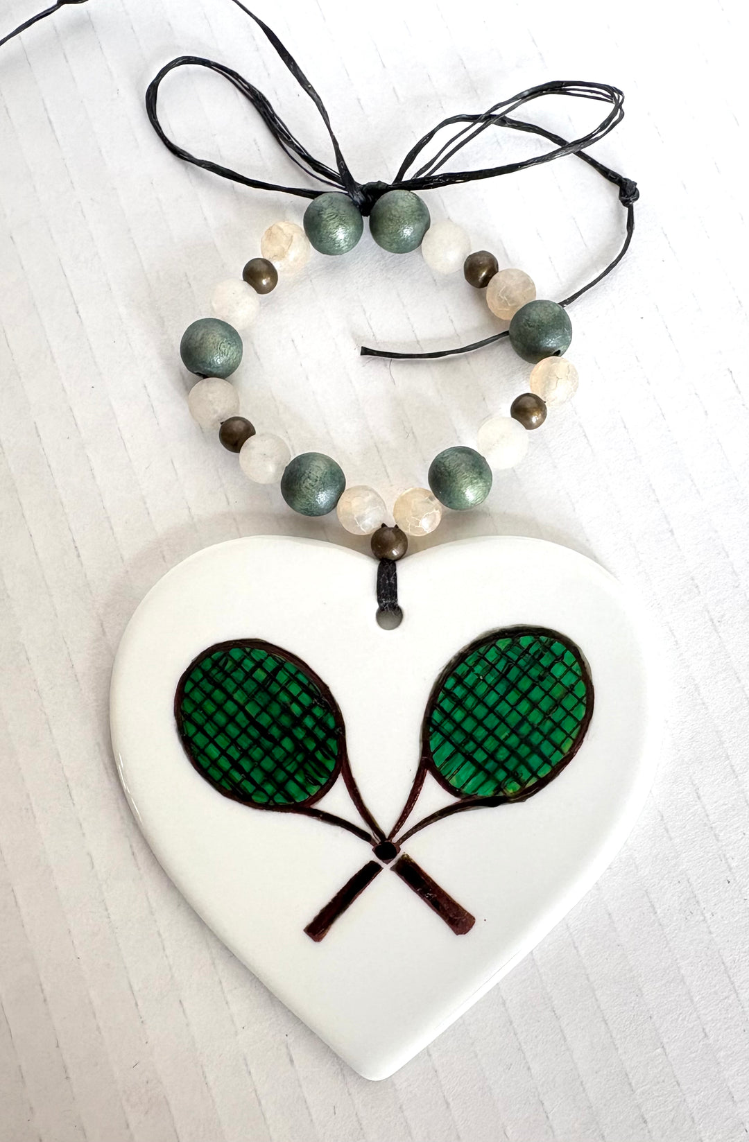 Green Tennis Rackets Porcelain Heart Beverage Tag by MadebyMonaH