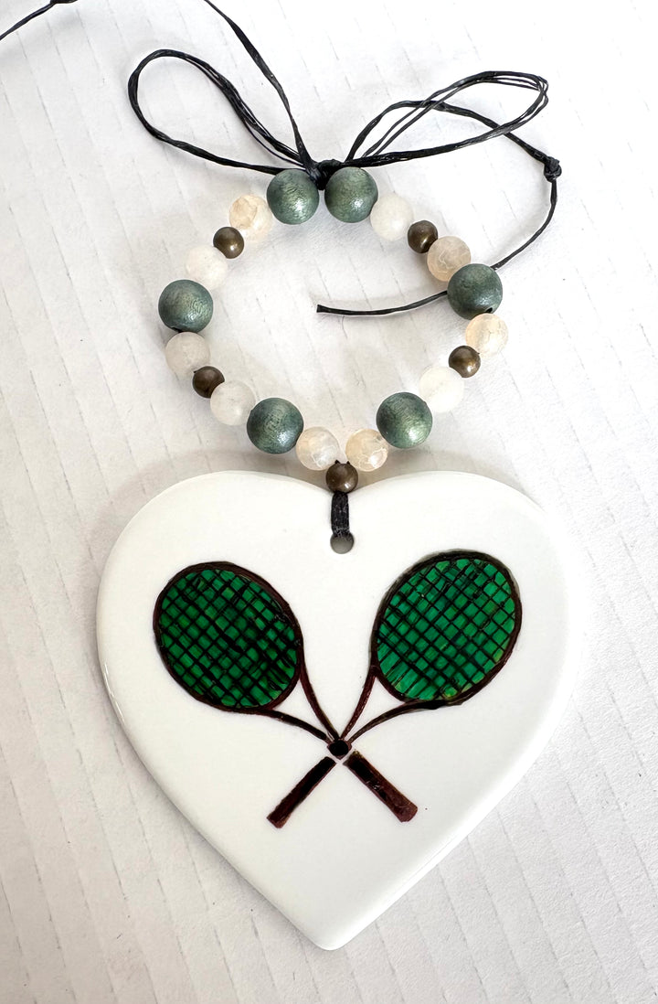 Green Tennis Rackets Porcelain Heart Beverage Tag by MadebyMonaH