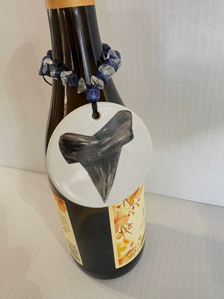 Shark Tooth Wine Bottle Tag – Hand Painted Coastal Porcelain Charm by MadebyMonaH