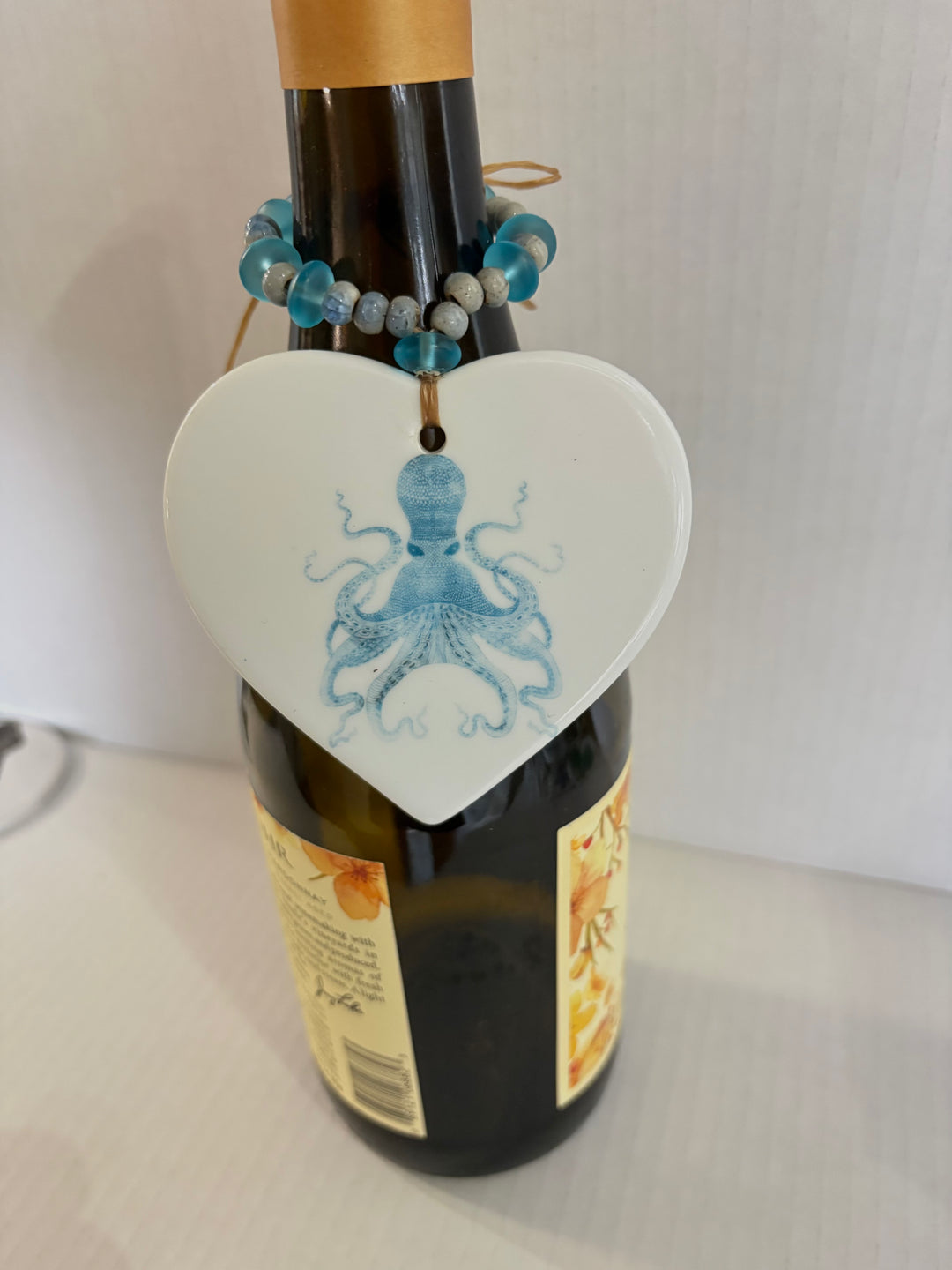 Octopus Wine Bottle Beverage Tag – Hand Painted Coastal Porcelain Charm by MadebyMonaH