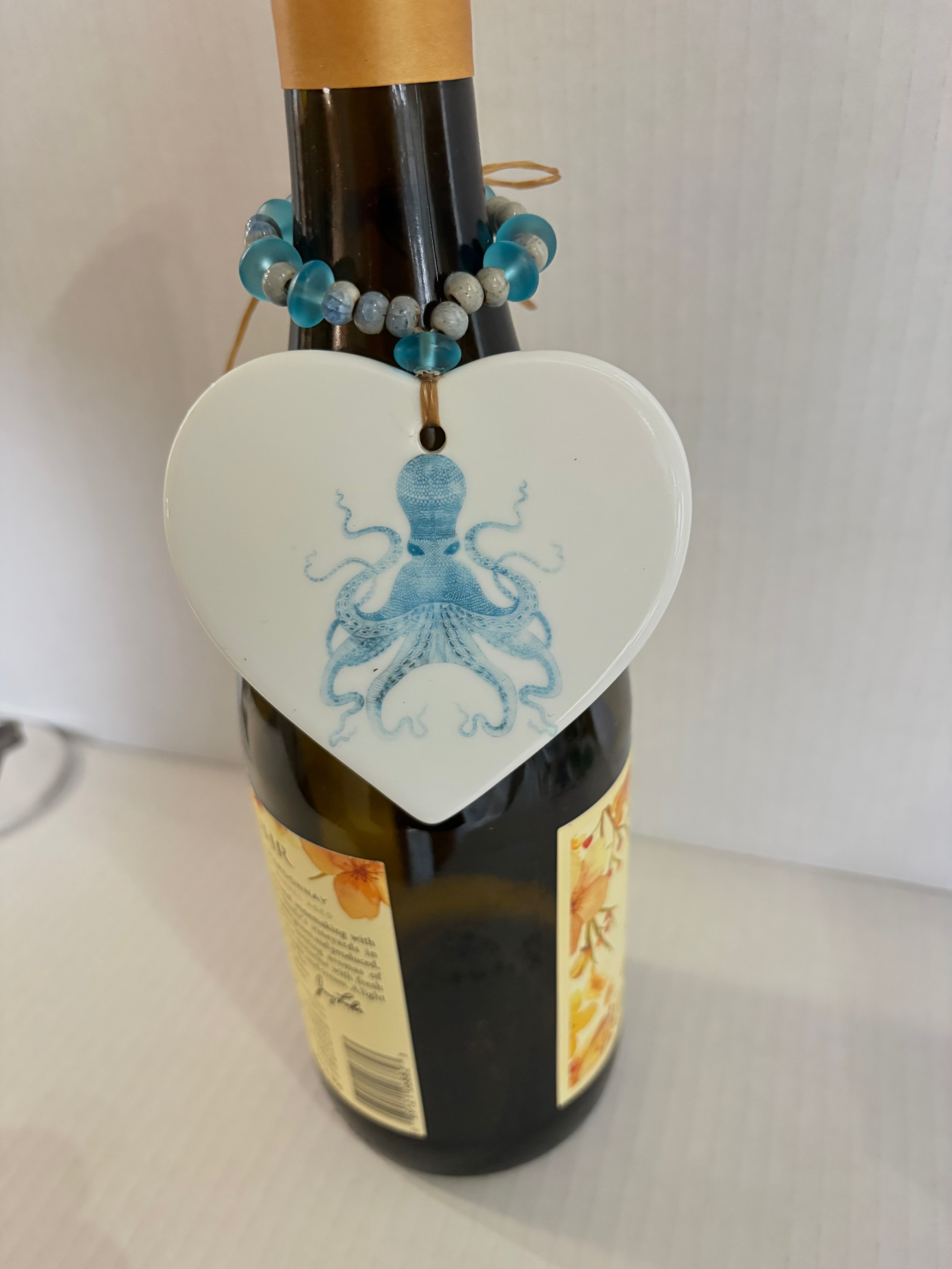 Octopus Wine Bottle Beverage Tag – Hand Painted Coastal Porcelain Charm by MadebyMonaH
