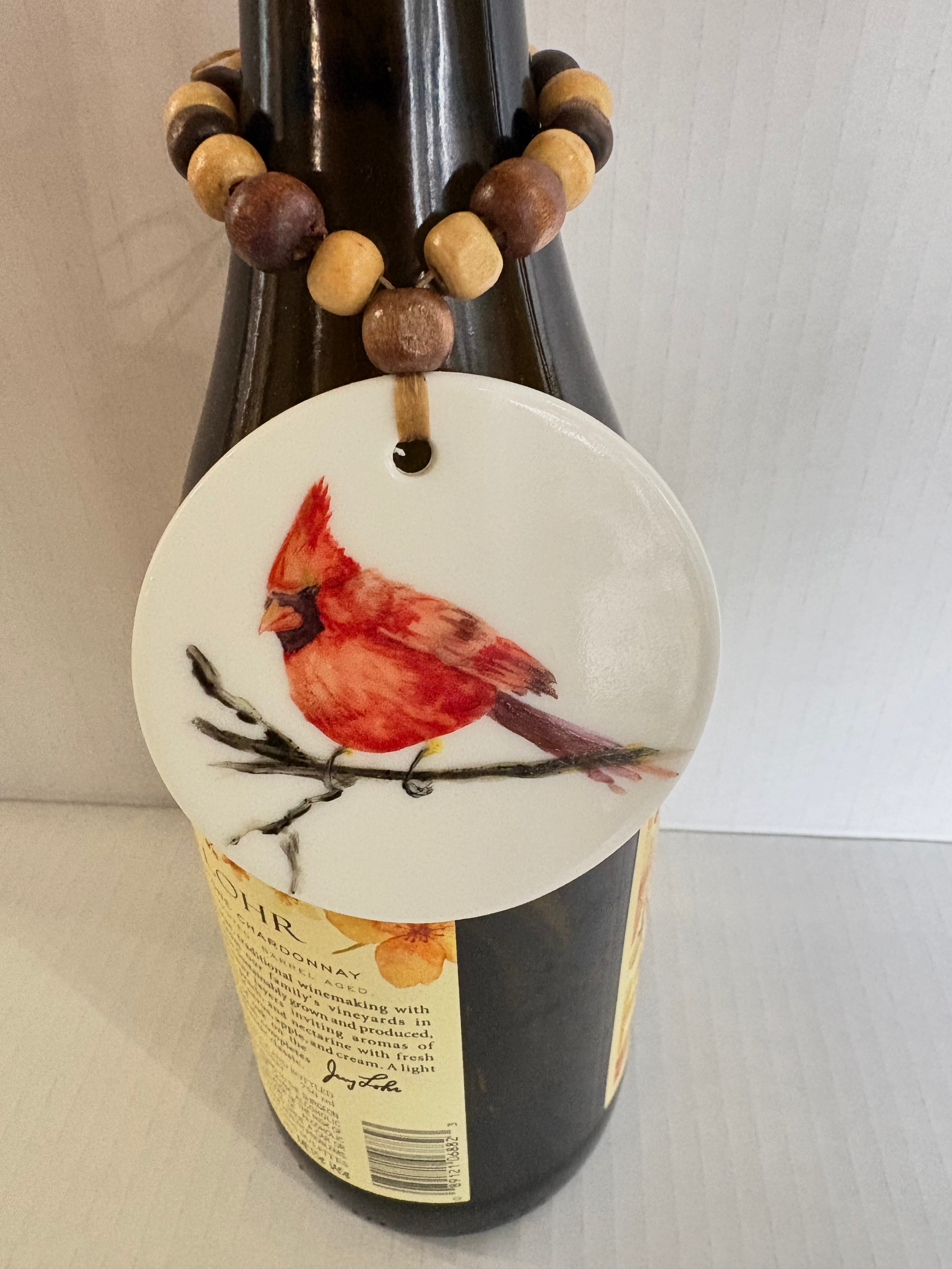 Cardinal Bird Wine Bottle Beverage Tag – Hand Painted Porcelain Coastal Charm by MadebyMonaH