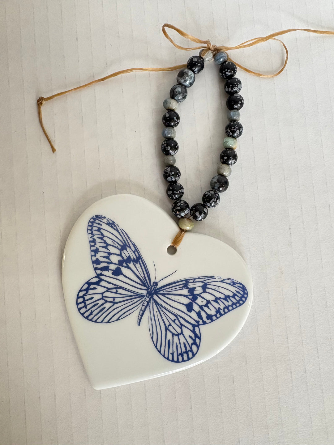 Blue Butterfly Porcelain Heart Wine Bottle Tag – Hand Painted Coastal Beverage Charm by MadebyMonaH