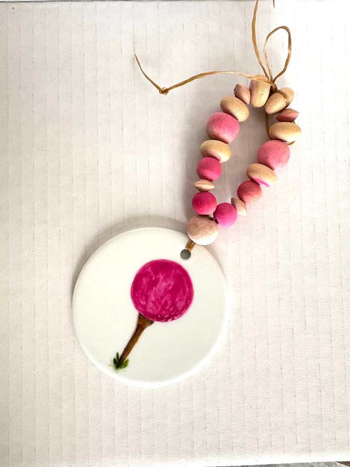 Pink Golf Ball Wine Bottle Beverage Tag – Hand Painted Porcelain Golf Gift by MadebyMonaH