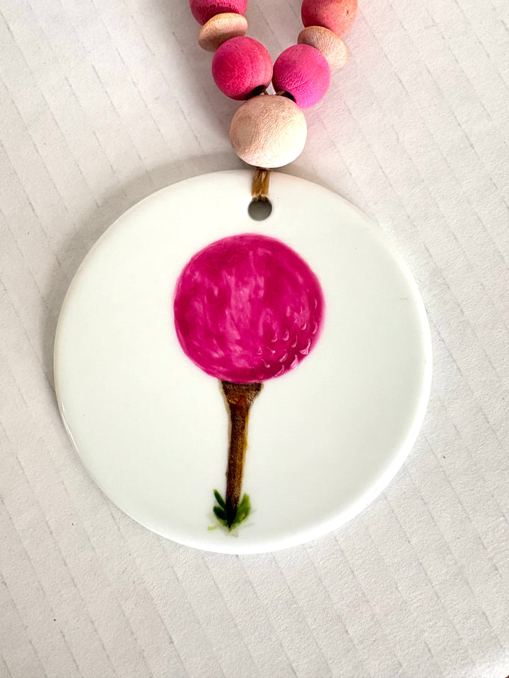 Pink Golf Ball Wine Bottle Beverage Tag – Hand Painted Porcelain Golf Gift by MadebyMonaH