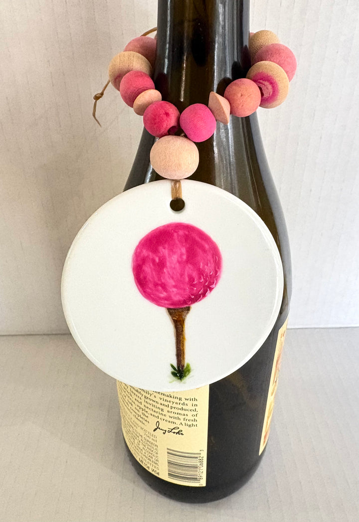 Pink Golf Ball Wine Bottle Beverage Tag – Hand Painted Porcelain Golf Gift by MadebyMonaH