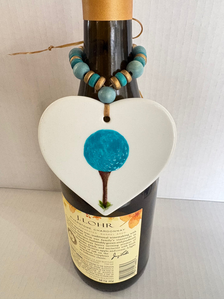 Turquoise Golf Ball Wine Bottle Beverage Tag – Hand Painted Porcelain Golf Gift by MadebyMonaH