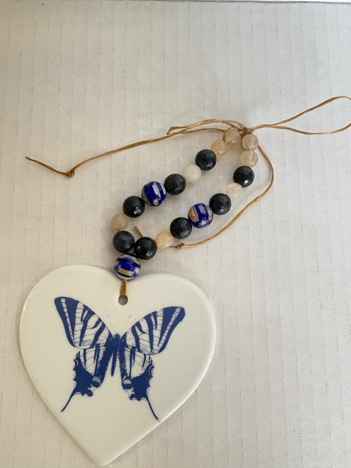 Blue Butterfly Porcelain Heart Wine Bottle Tag – Hand Painted Coastal Beverage Charm by MadebyMonaH