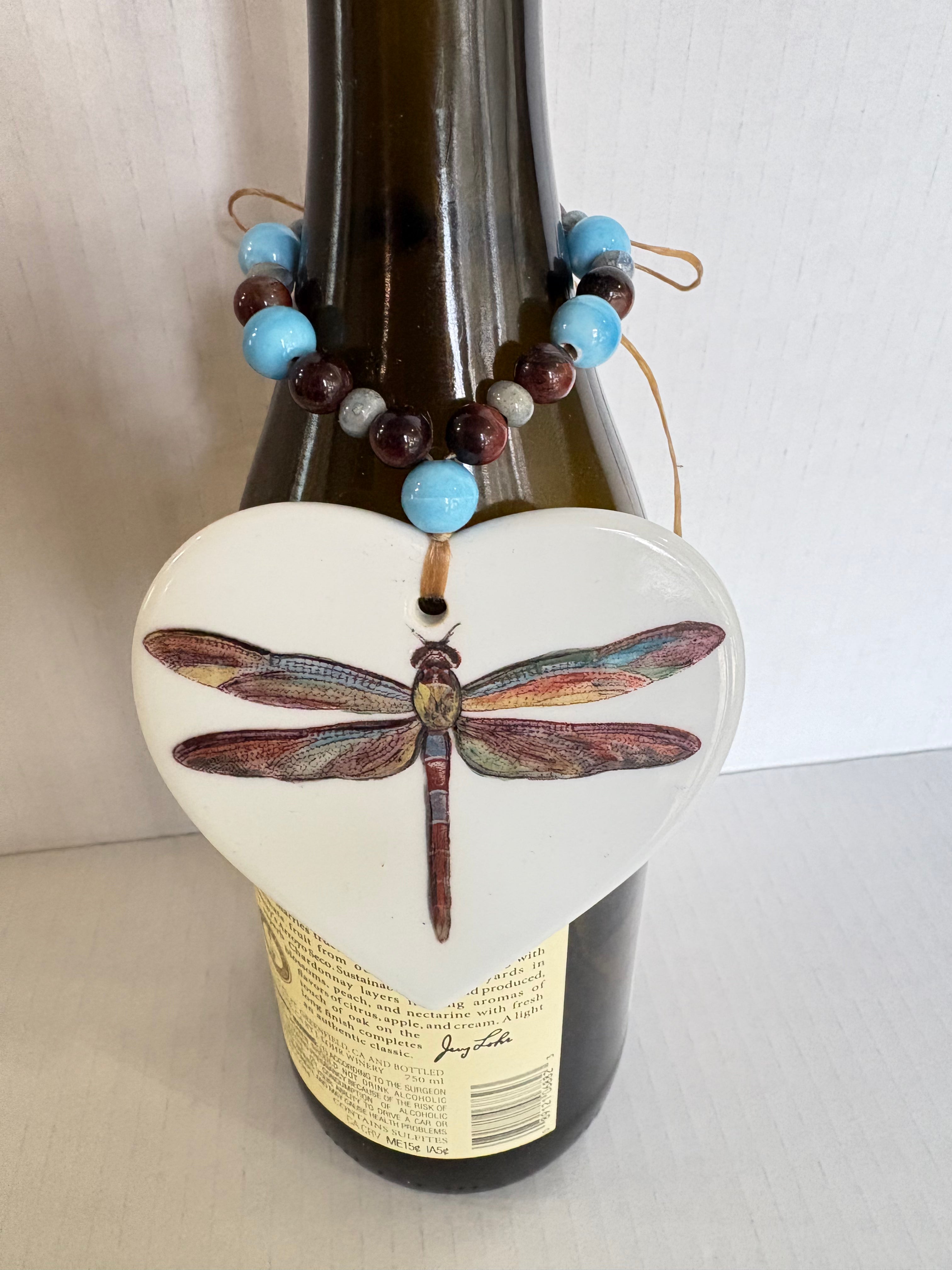Dragonfly Garden Wine Bottle Tag – Hand Painted Porcelain Beverage Charm by MadebyMonaH