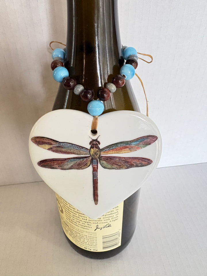 Dragonfly Garden Wine Bottle Tag – Hand Painted Porcelain Beverage Charm by MadebyMonaH