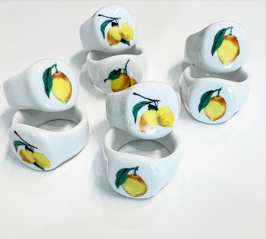 Hand-Painted Porcelain Lemon Napkin Rings – Elegant Citrus Table Setting | Made by MonaH