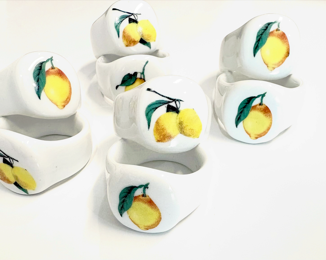 Hand-Painted Porcelain Lemon Napkin Rings – Elegant Citrus Table Setting | Made by MonaH