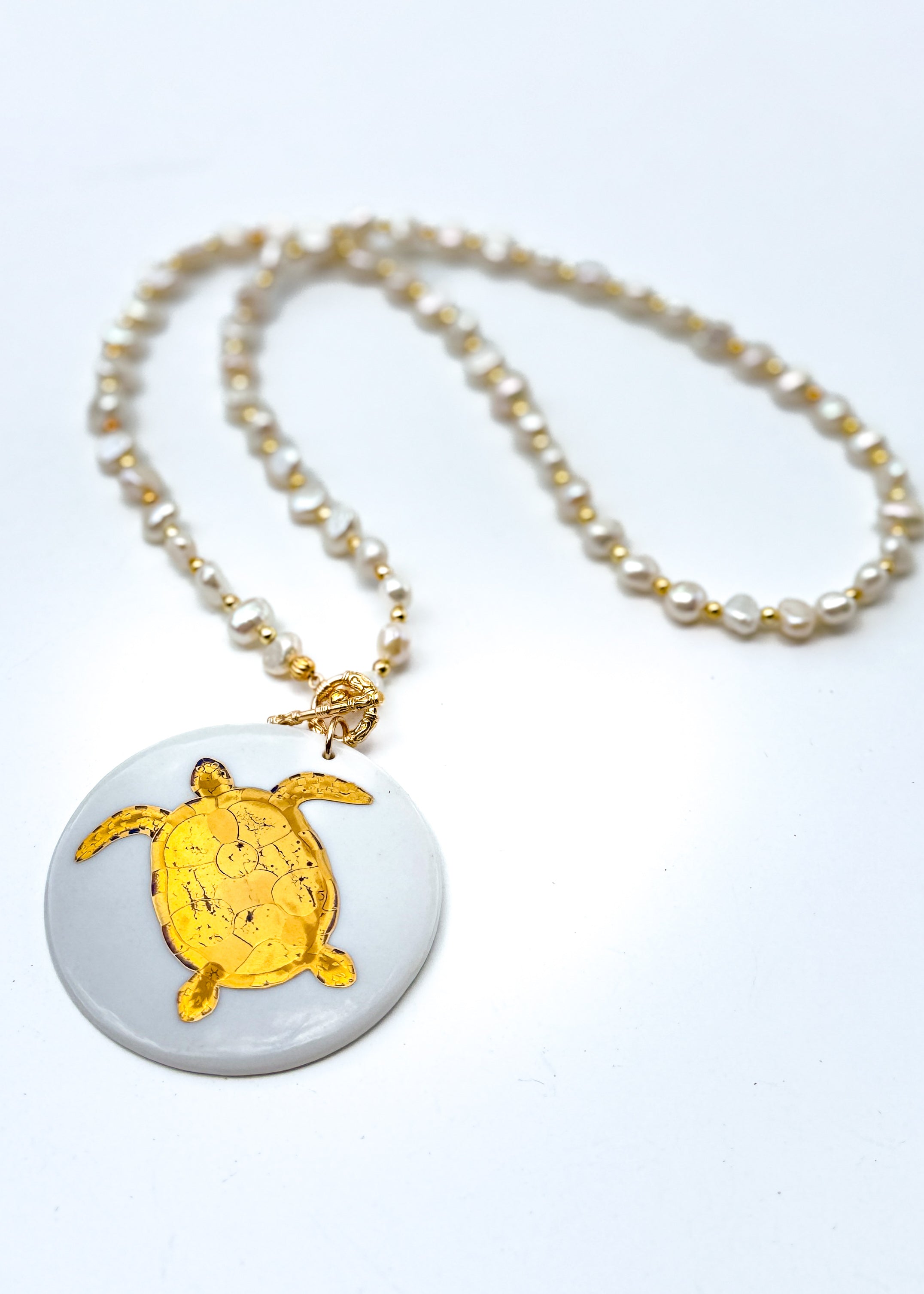 Sea Turtle Porcelain Pendant Pearl Necklace