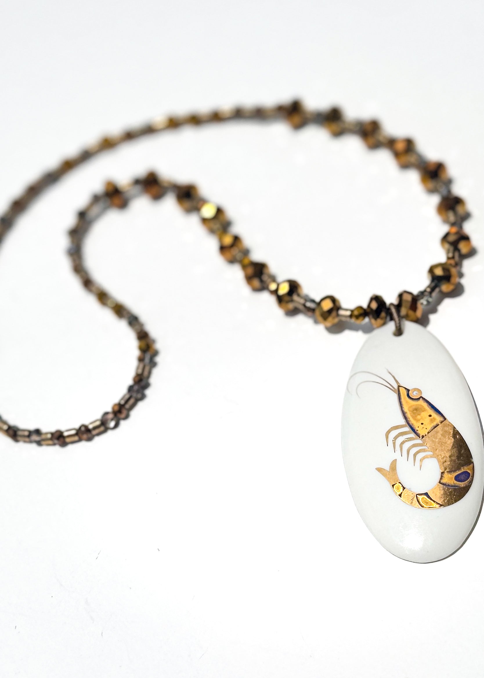 Shrimp Coastal Pendant Beaded Necklace Gold