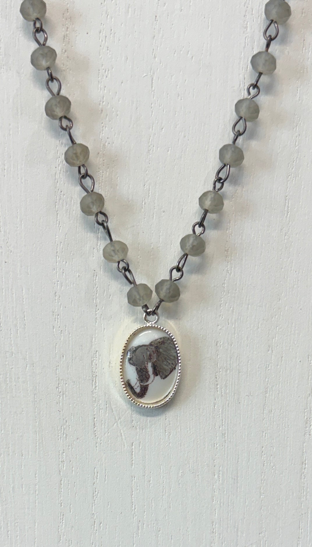 Hand-Painted Elephant Porcelain Pendant Necklace | Gray Beaded Statement Necklace