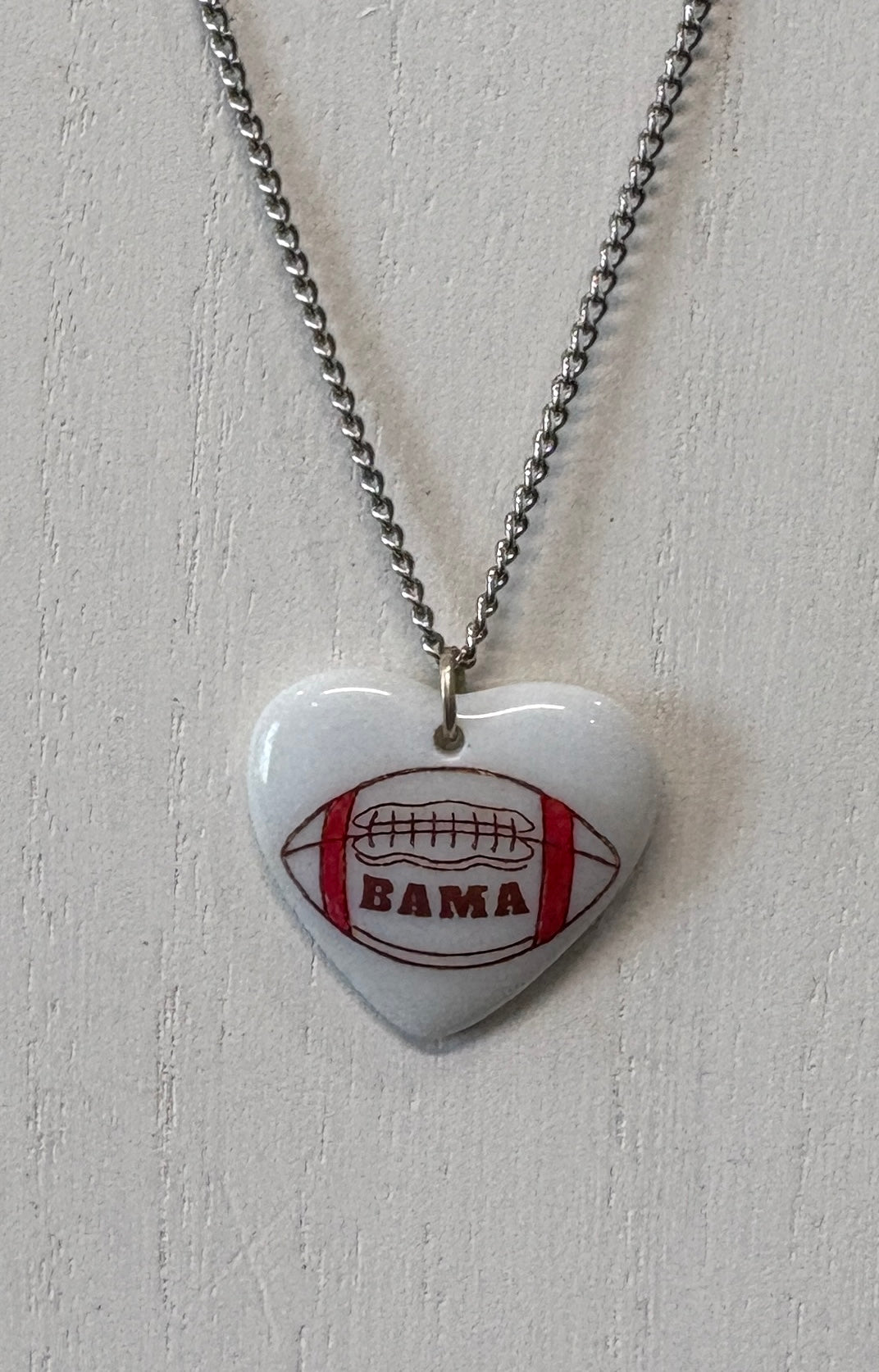 Hand-Painted Alabama Football Heart Porcelain Necklace