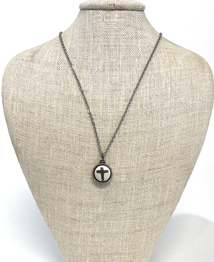 platinum cross, bezel, stainless steel necklace, porcelain pendant, hand painted