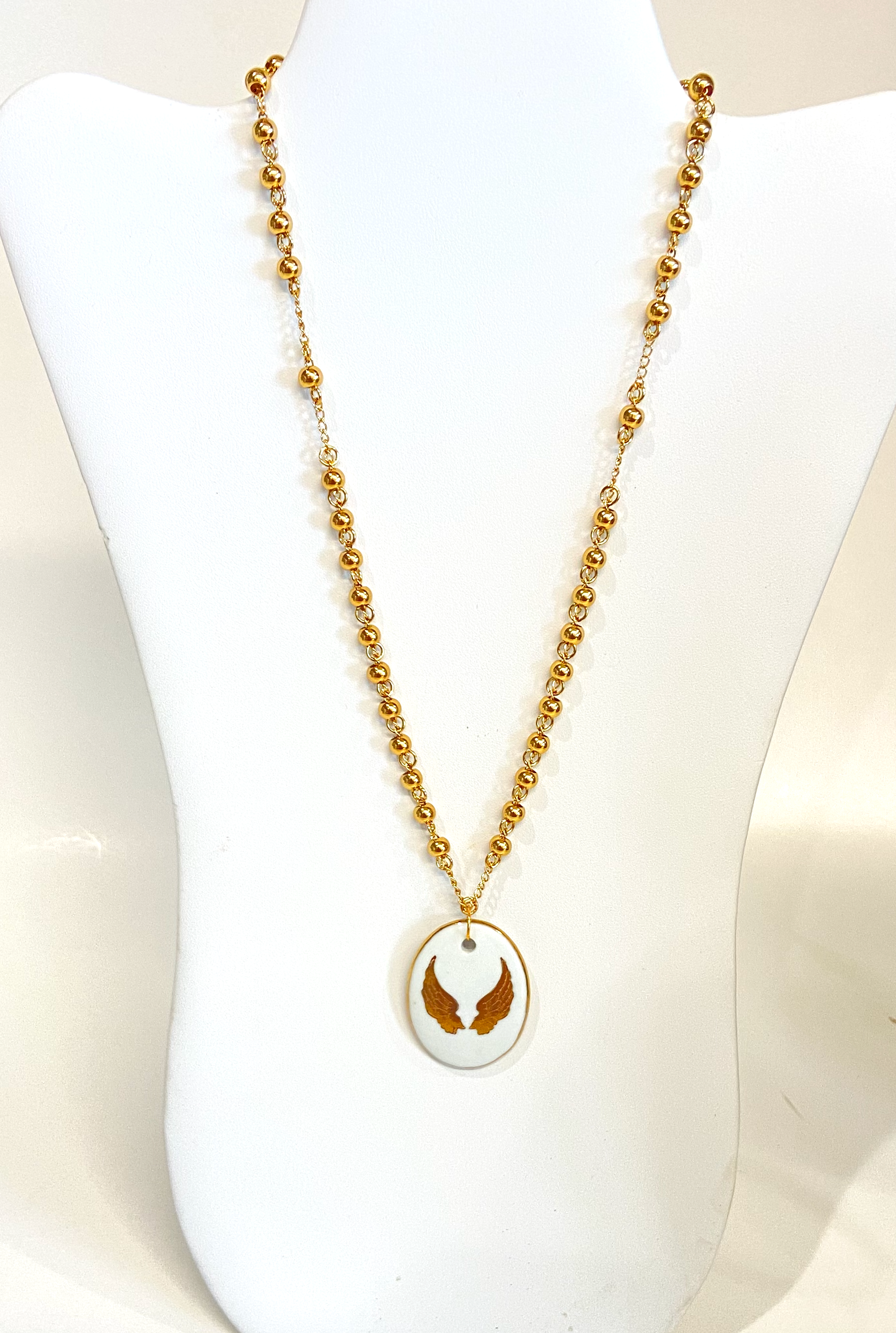 Angel Wing Porcelain Oval Pendant Gold Chain