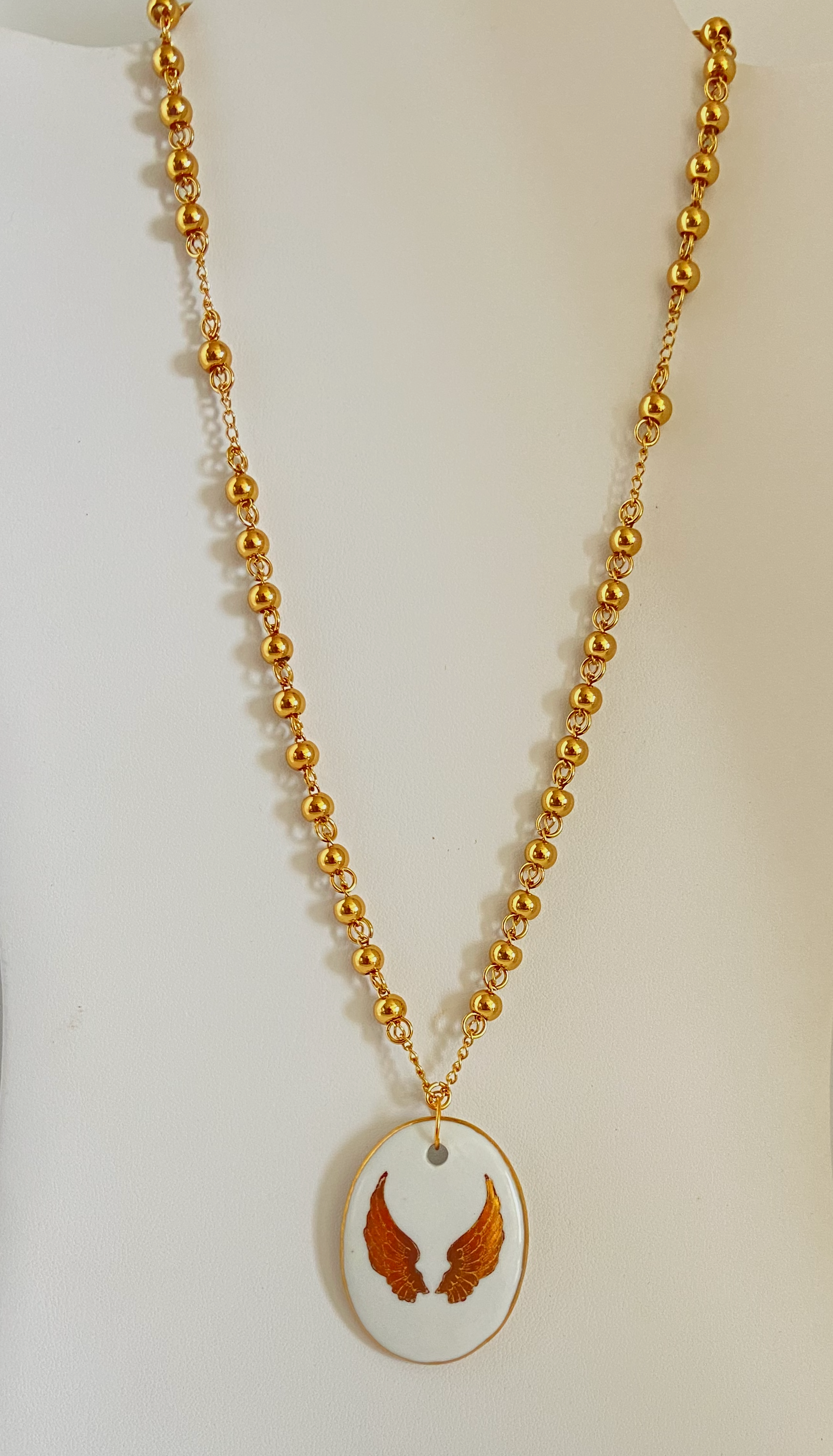 Angel Wing Porcelain Oval Pendant Gold Chain