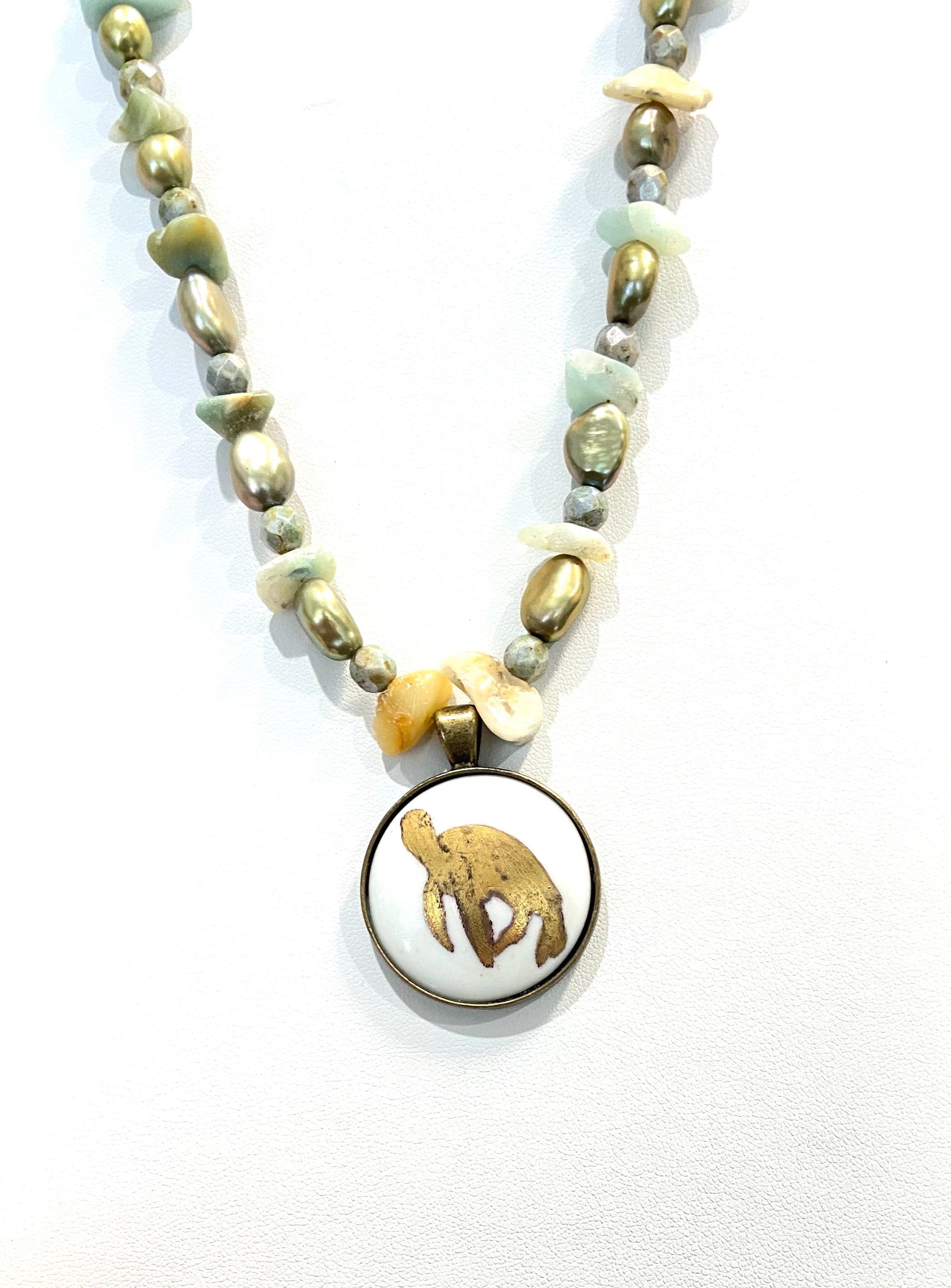 Gold Sea Turtle Porcelain Pendant Bezel Beaded Necklace