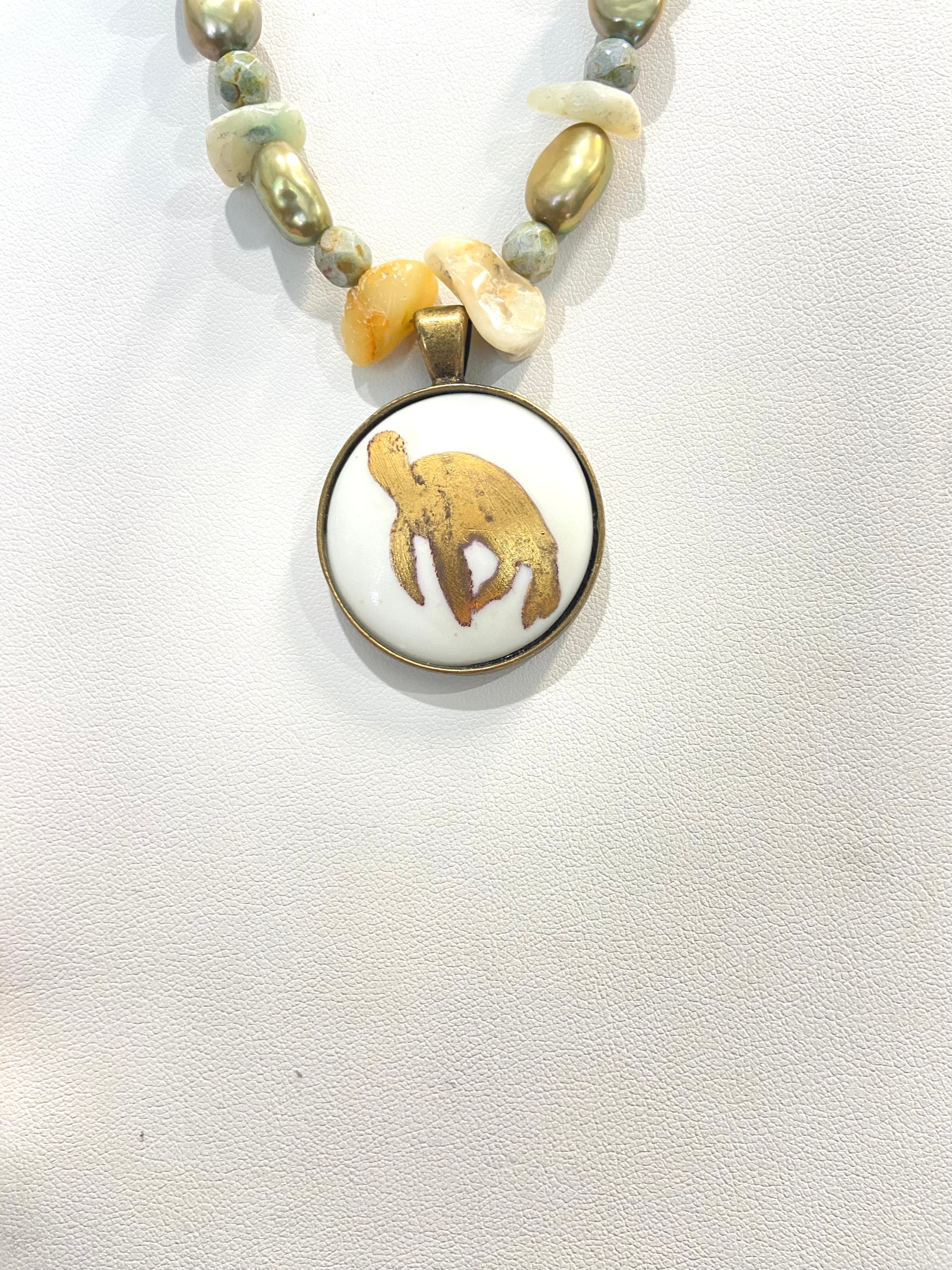 Gold Sea Turtle Porcelain Pendant Bezel Beaded Necklace