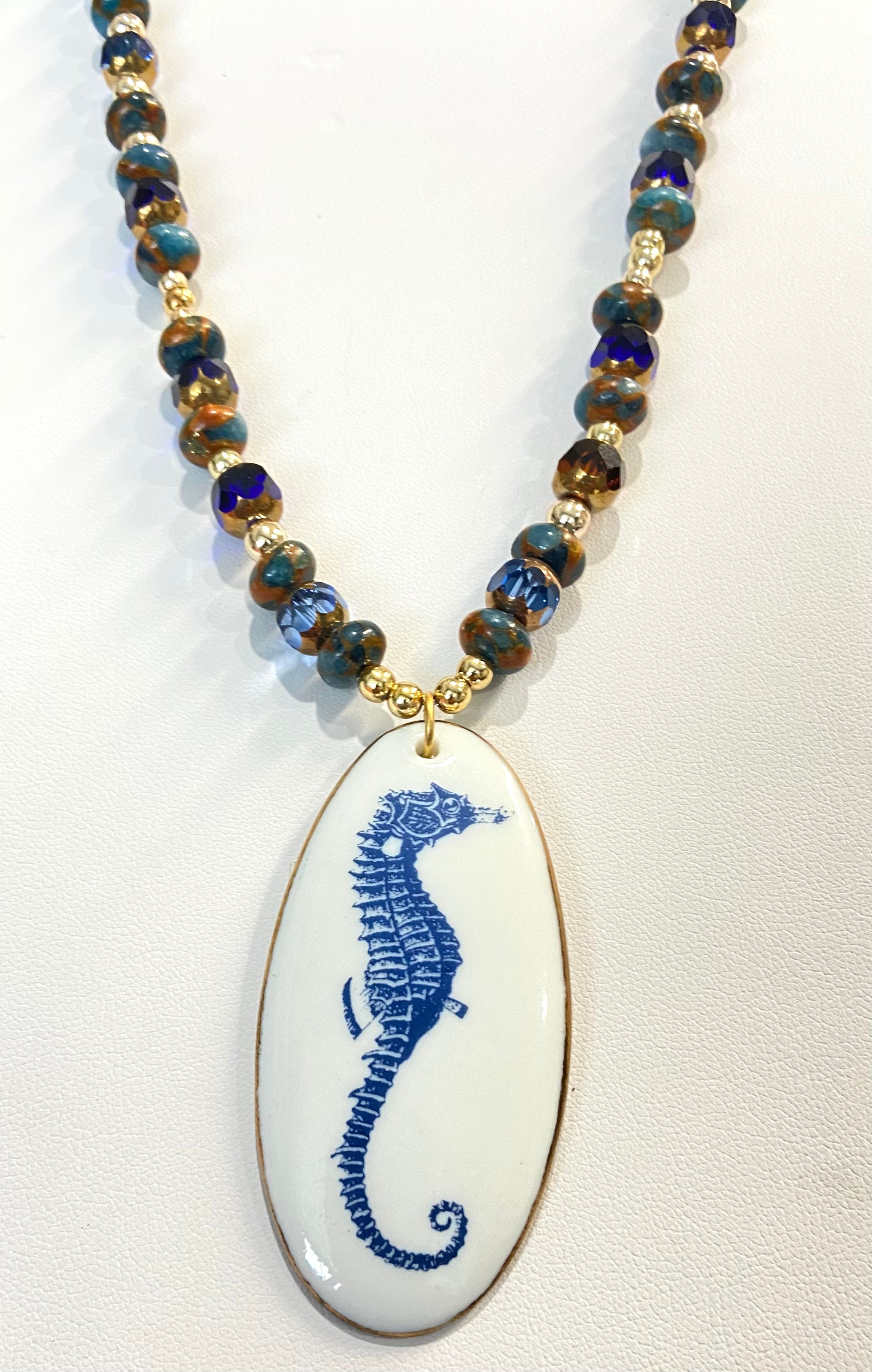 Seahorse Oval Porcelain Pendant Beaded Necklace Coastal Lover Jewelry