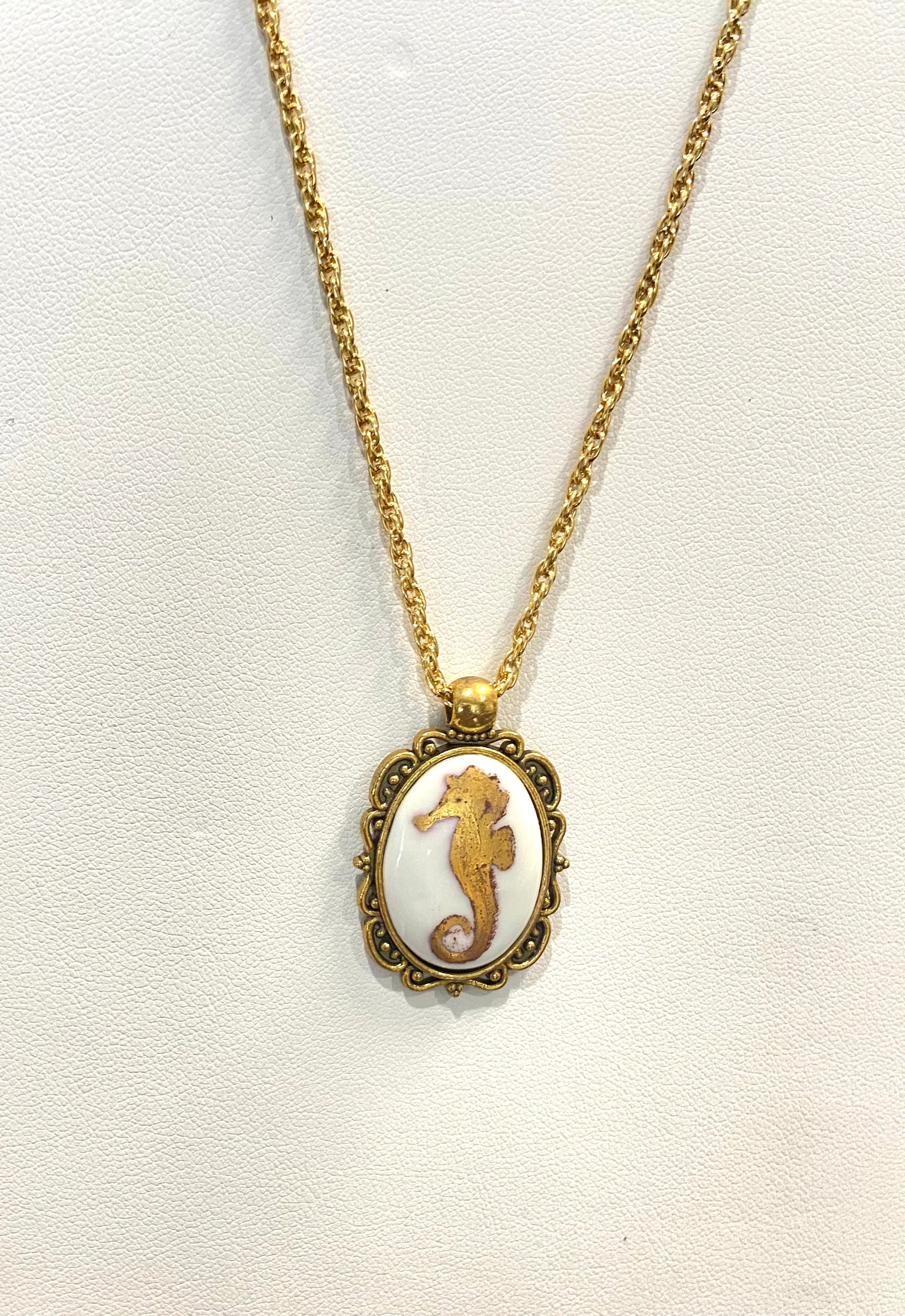 Seahorse Oval Porcelain Pendant Gold Bezel Gold Chain Necklace