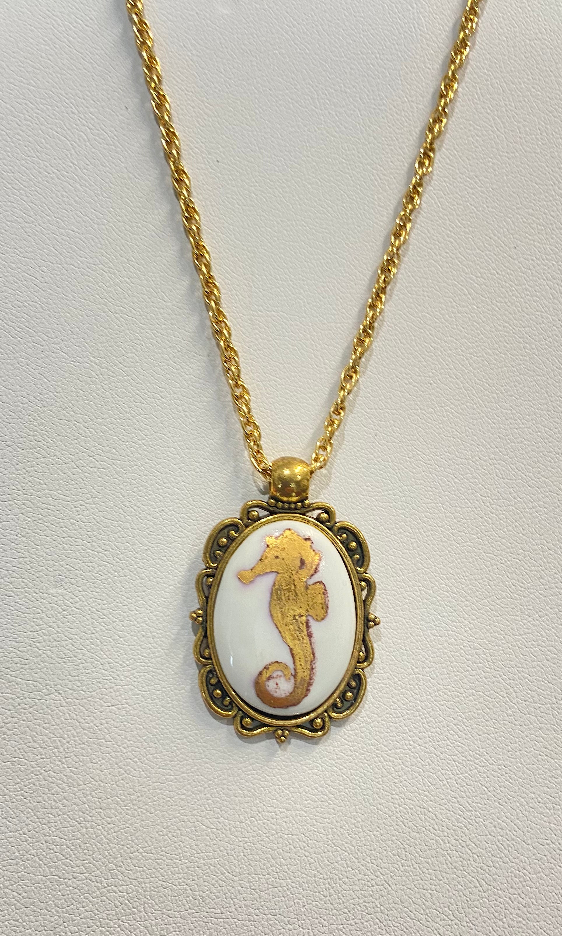 Seahorse Oval Porcelain Pendant Gold Bezel Gold Chain Necklace
