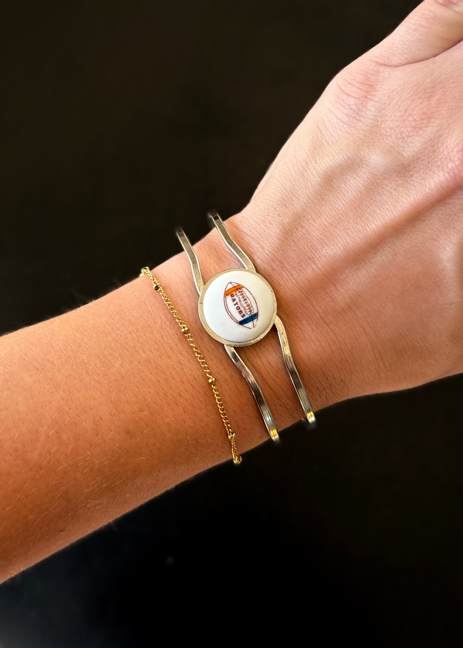 Football Orange Blue Porcelain Pendant Silver Wrap Bracelet