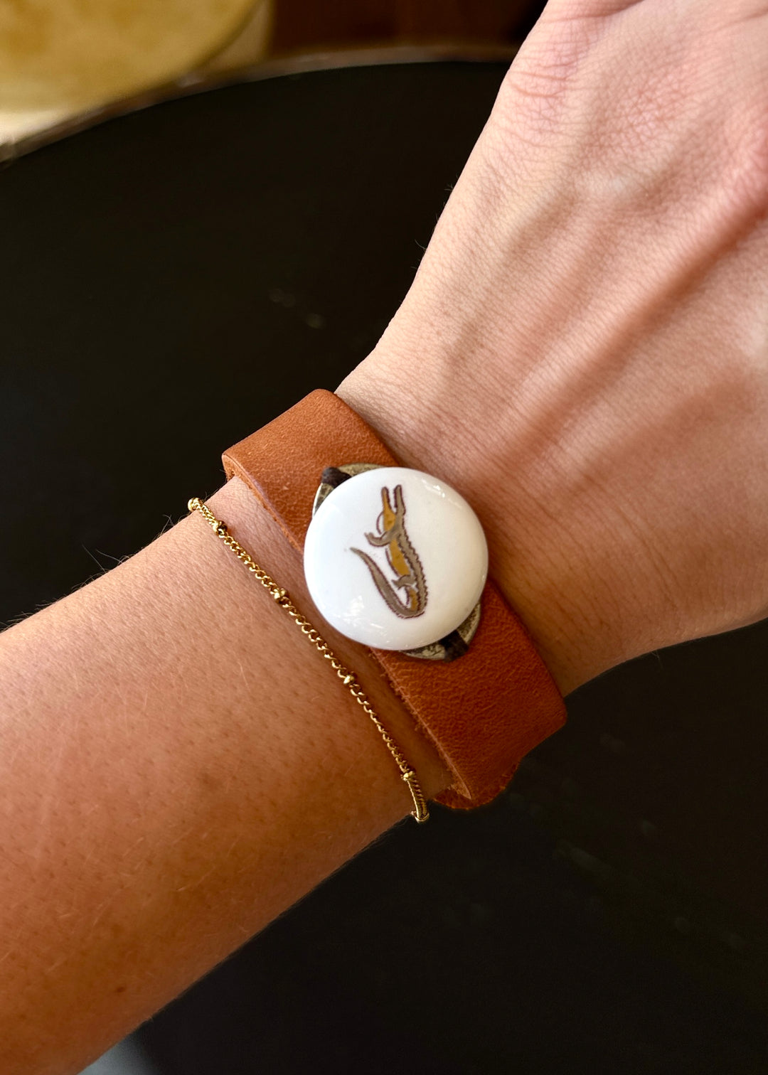 Gator Porcelain Pendant Leather Wrap Bracelet