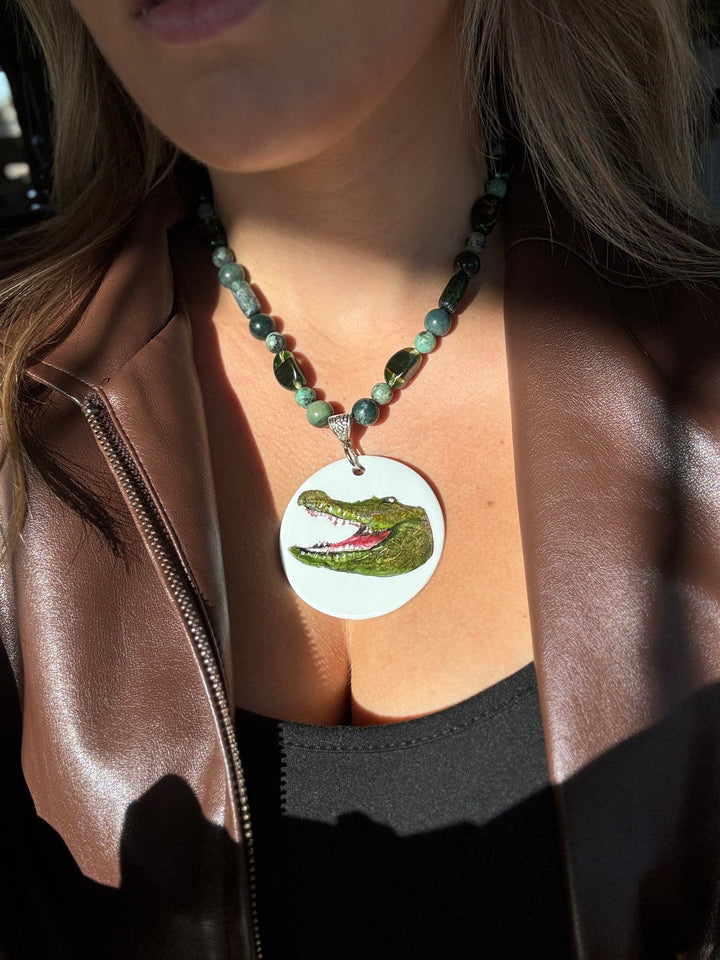 Hand Painted Porcelain Pendent Gator Game Day Beaded Necklace
