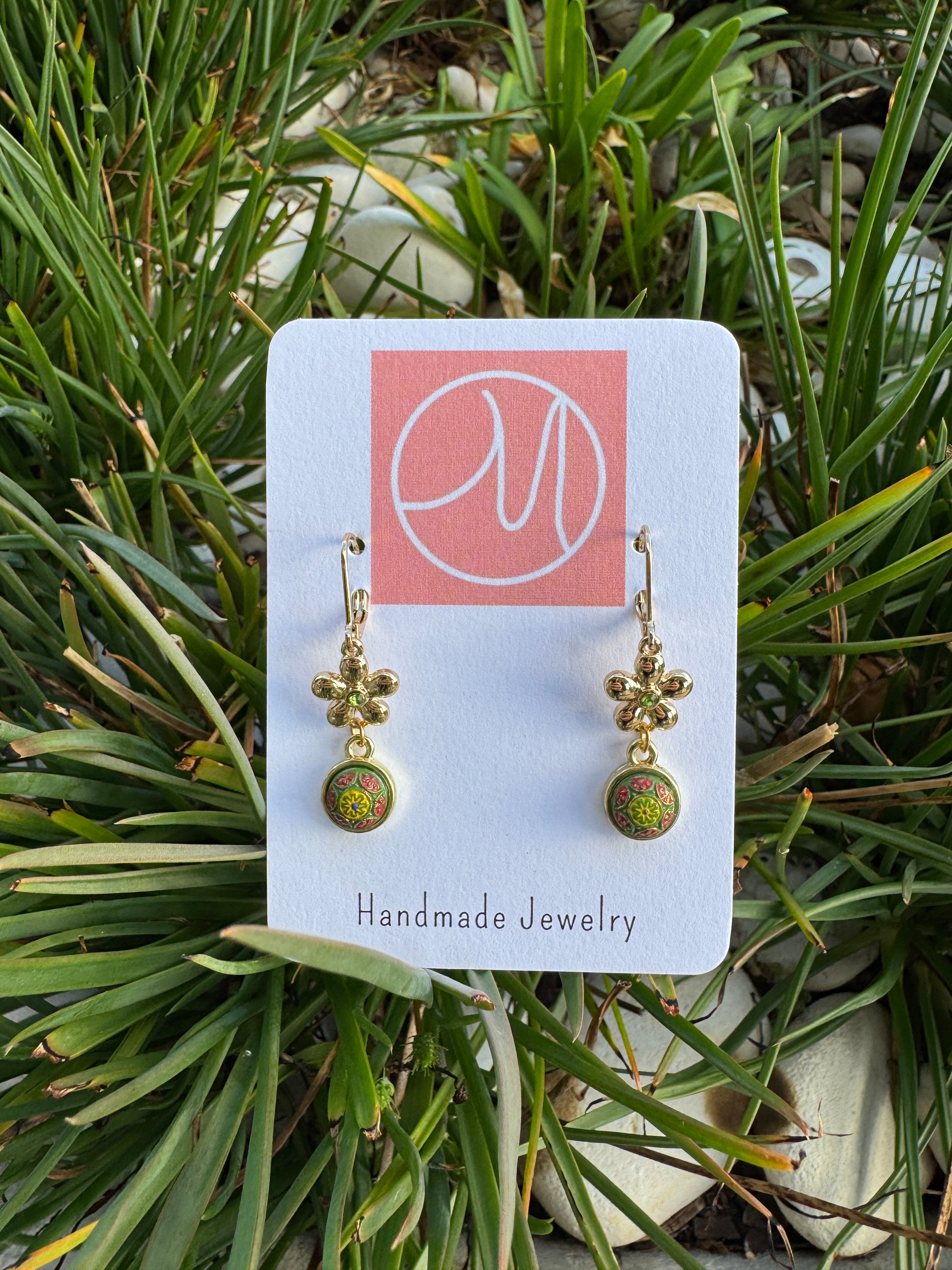 Mosaic Porcelain Stud Earrings on Gold Floral Posts