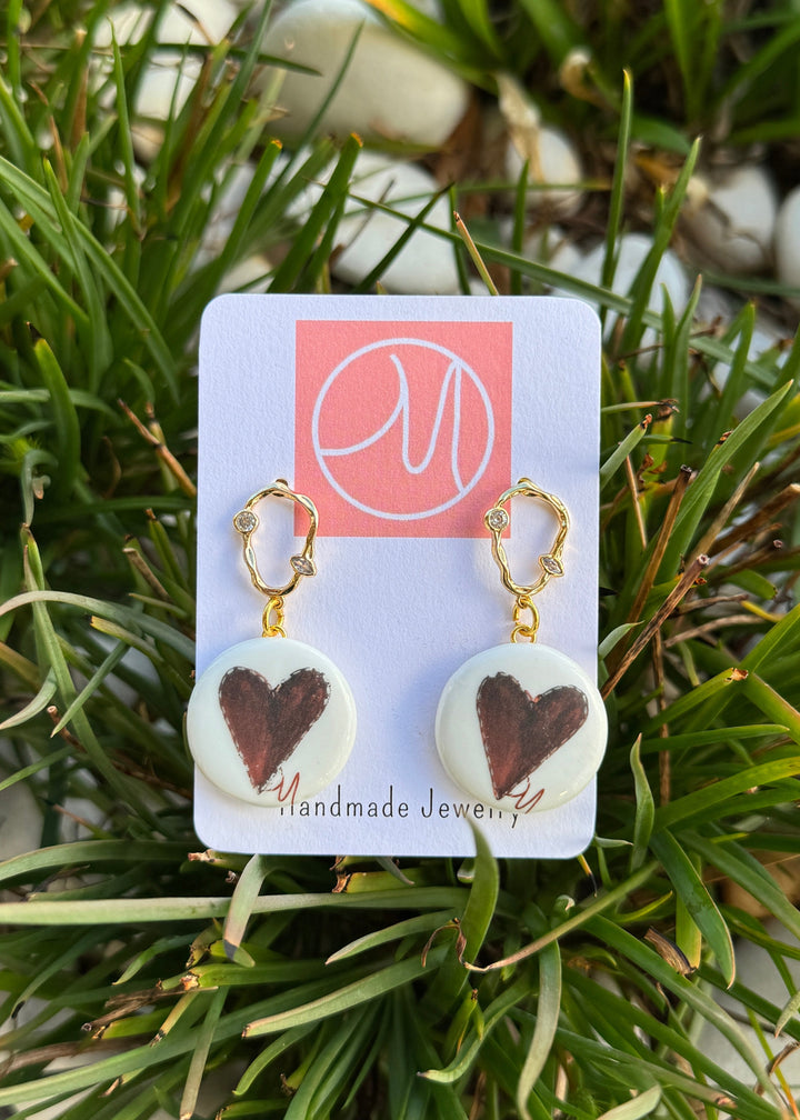 Purple Heart Porcelain Pendant Gold Earrings