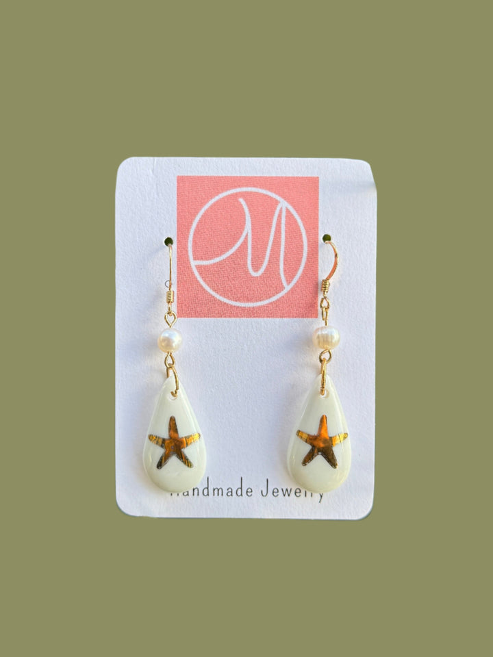 Starfish Porcelain Pendant Pearl Hoop Earrings
