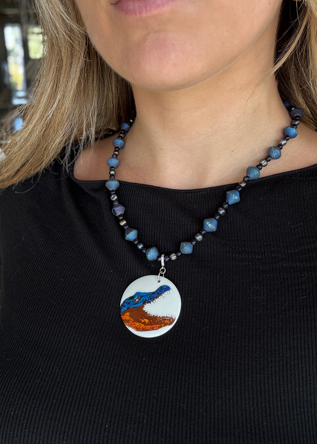 Gator Game Day Blue Beaded Porcelain Pendent Necklace