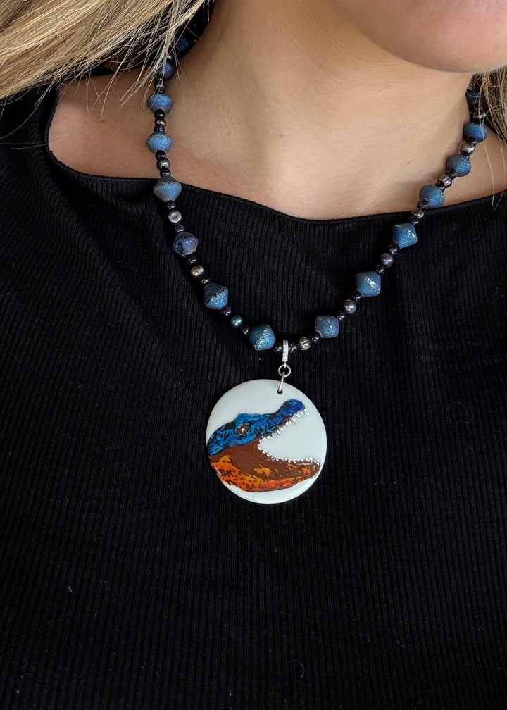 Gator Game Day Blue Beaded Porcelain Pendent Necklace