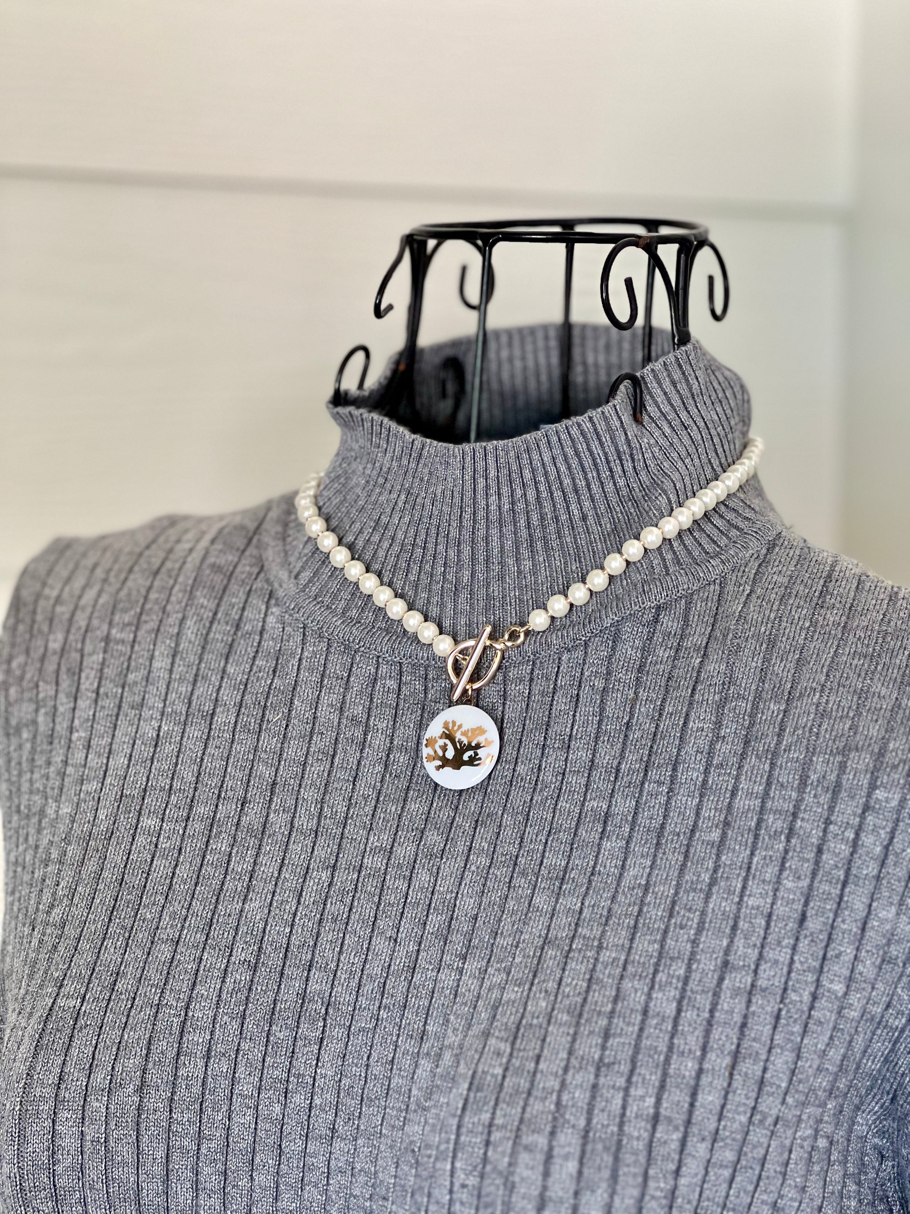 Coral Round Porcelain Pendant Pearl Necklace