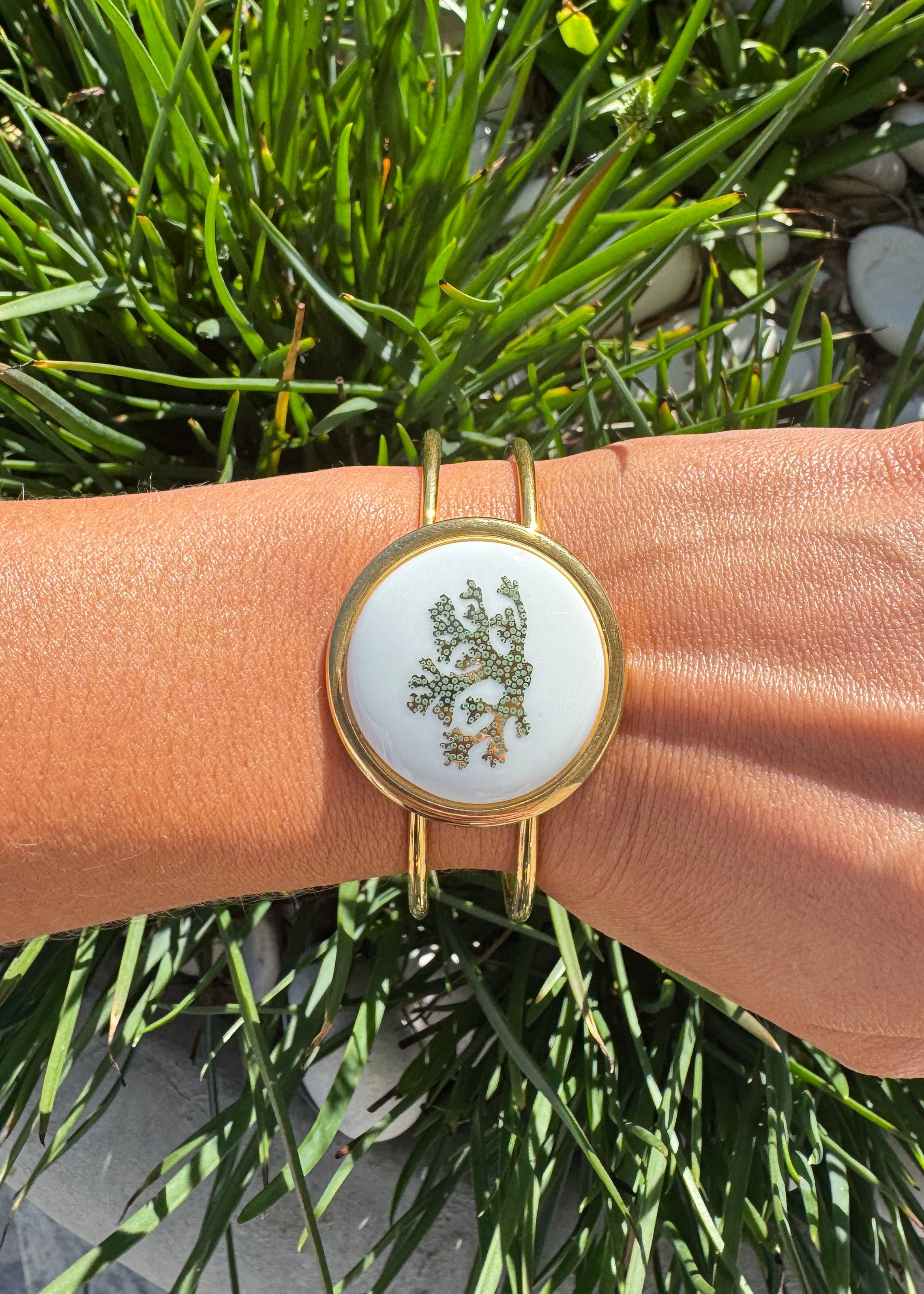 Green Coral Porcelain Pendant Gold Cuff Bracelet