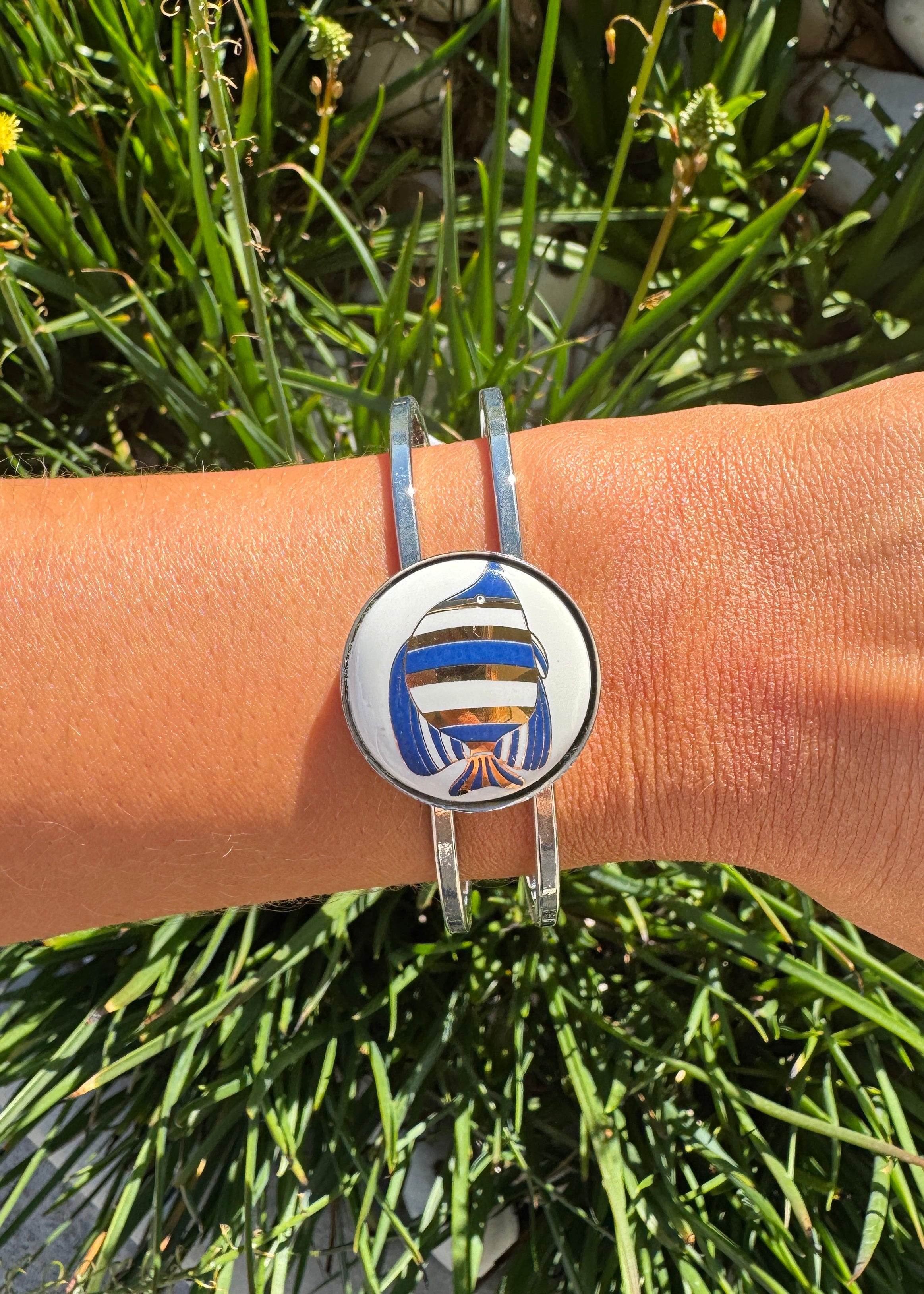 Fish Porcelain Pendant Silver Cuff Bracelet