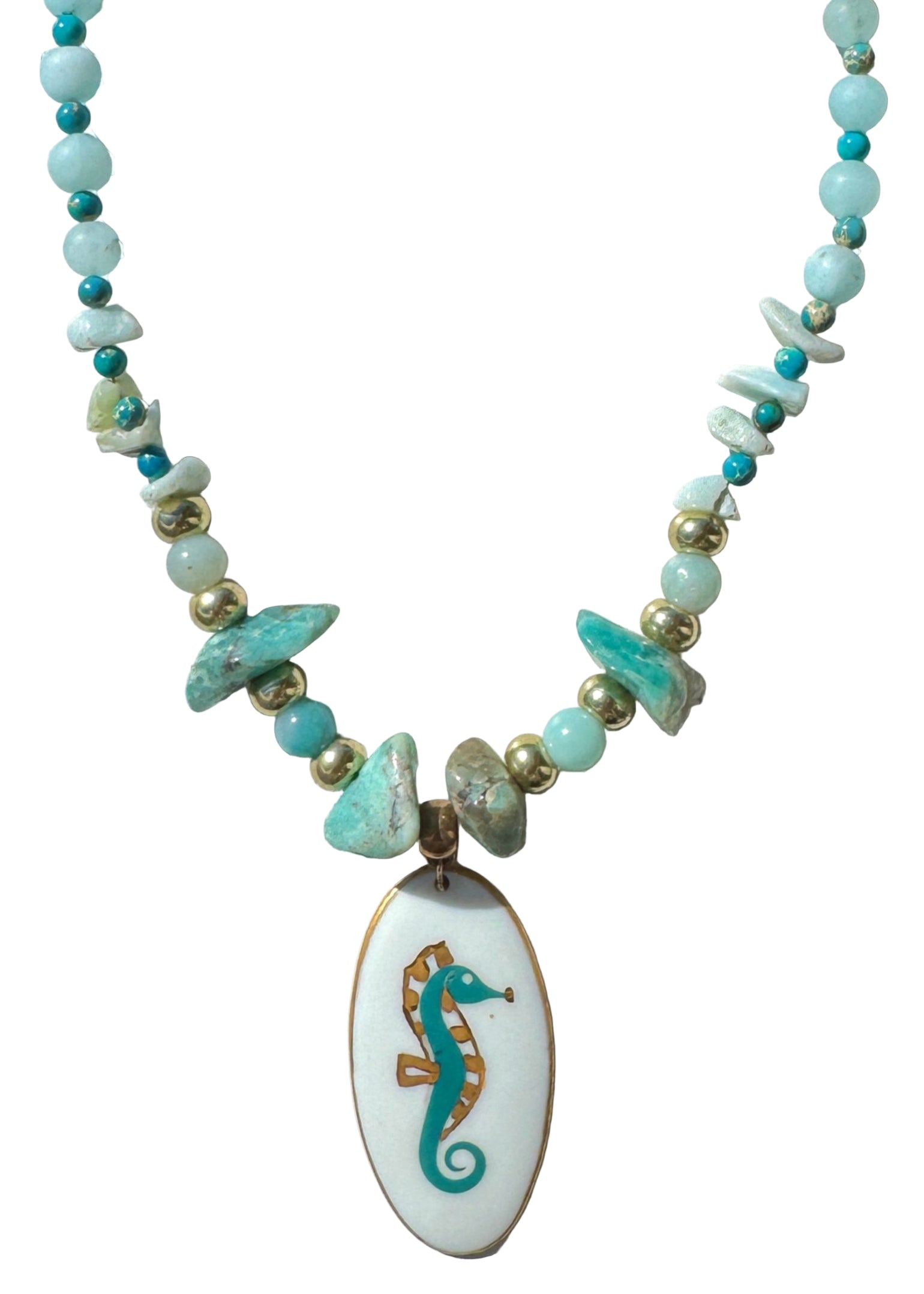Seahorse White Oval Porcelain Pendant Beaded Necklace