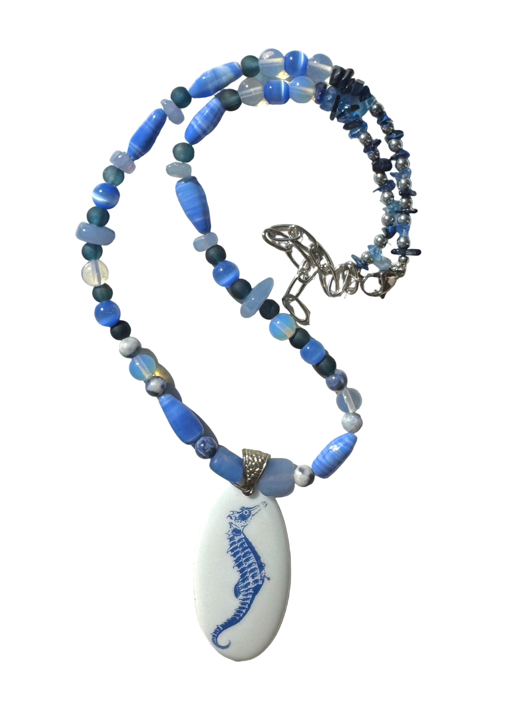 Seahorse Oval Porcelain Pendant Beaded Necklace