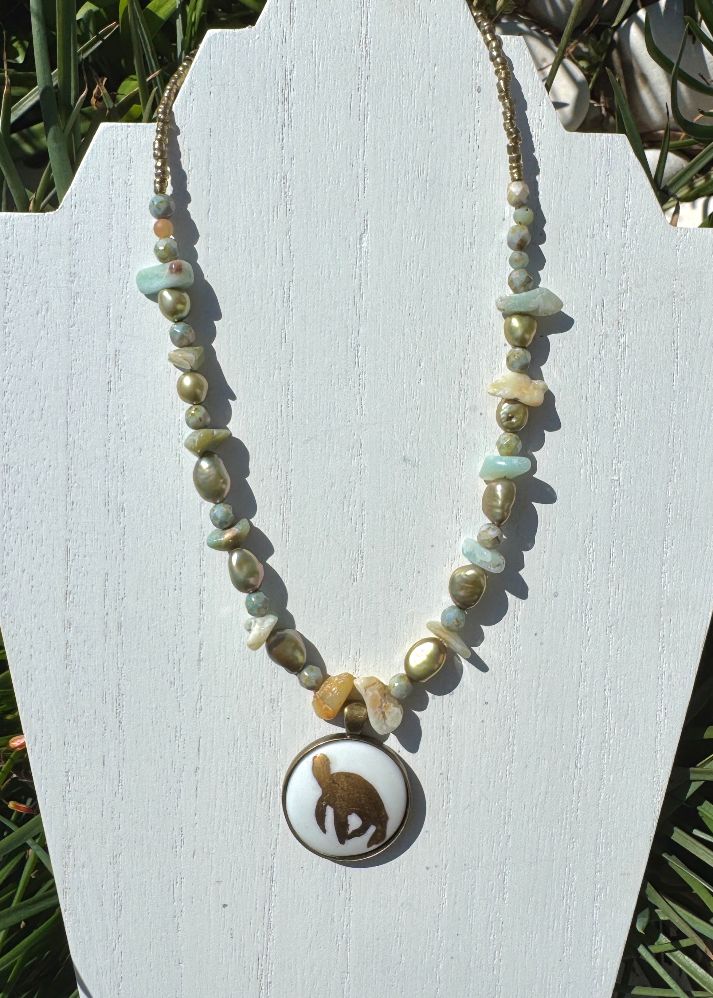 Gold Sea Turtle Porcelain Pendant Bezel Beaded Necklace