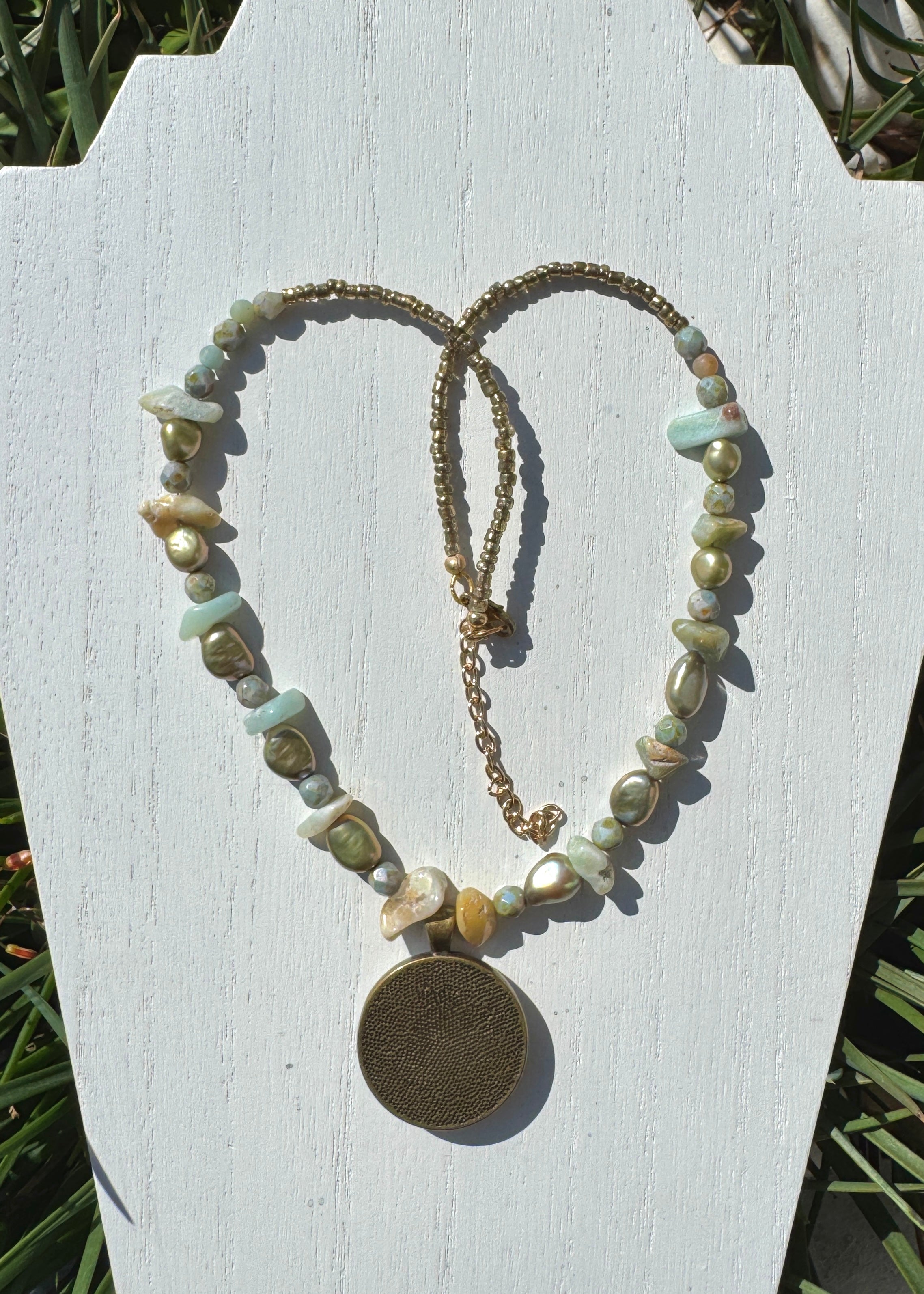 Gold Sea Turtle Porcelain Pendant Bezel Beaded Necklace
