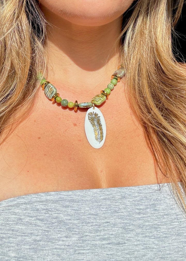 Golden Feather Porcelain Pendant Necklace