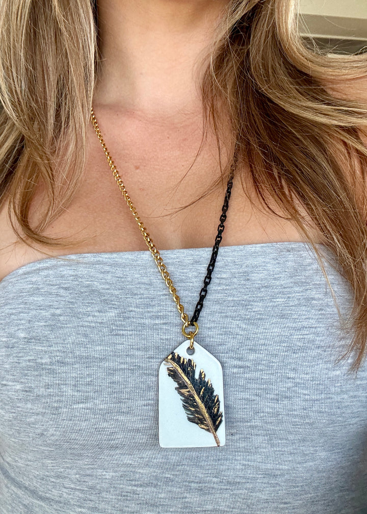 Black & Gold Feather Porcelain Necklace